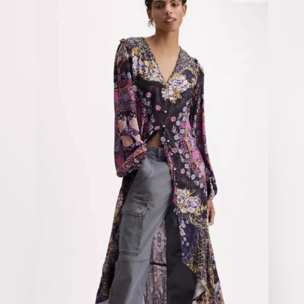 NWOT Free People Marais Printed Midi Dress Floral Hi Lo Black Purple Gold Pink - Picture 1 of 10